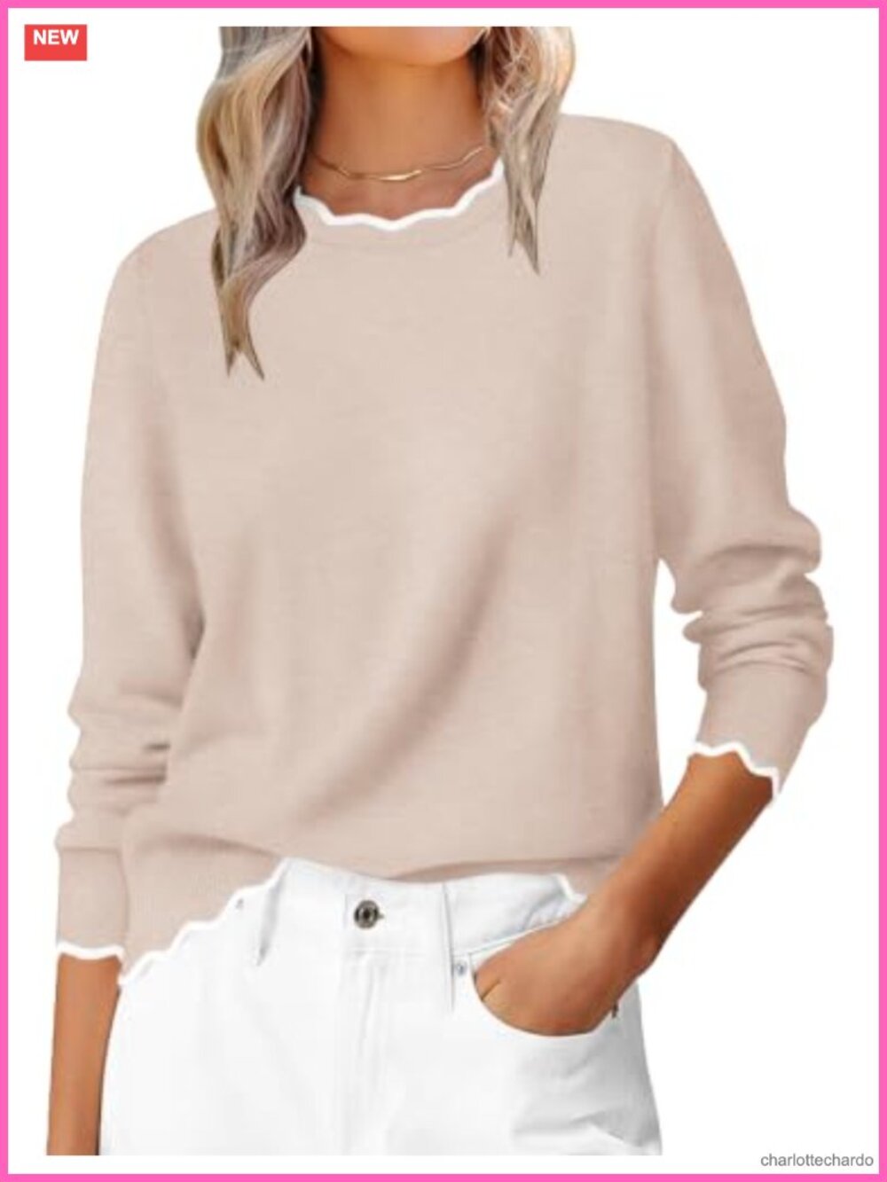 LOMON Scallop Trim Sweater Pullover Women Long Sleeve Loose Fit Knit